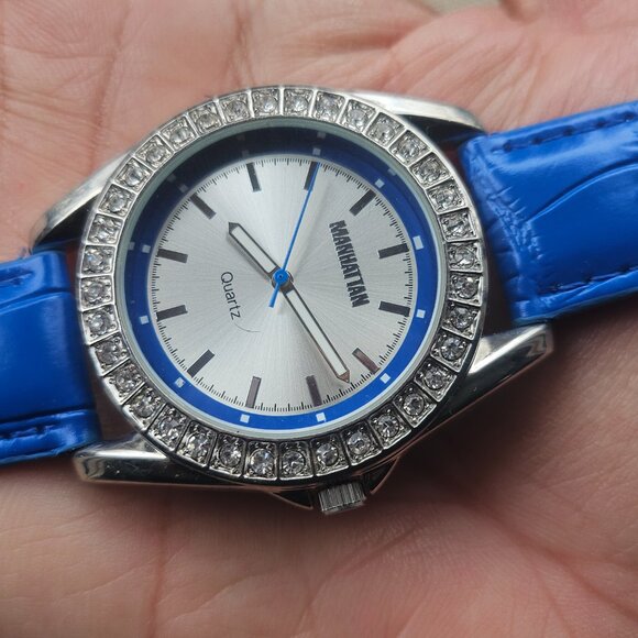 Manhattan by Croton Women Watch Crystal Accent Blue Leather Band Wrist Watch - Picture 3 of 11